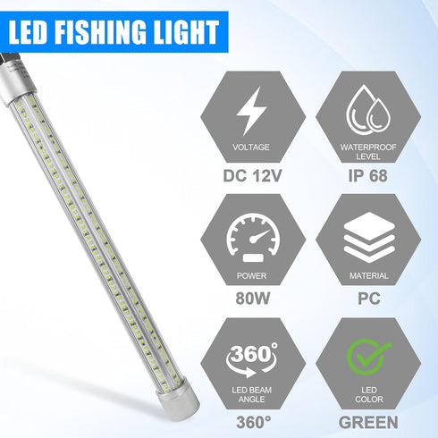 80W 12V 40000 (80W,16.4ft Underwater Fishing Light Lumens Super Bright LED Submersible Green Fish Finder Lamp Night