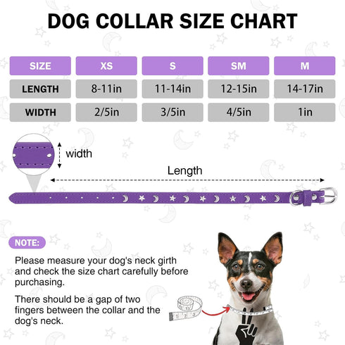 Adjustable Leather Dog Collar for Small Medium Dogs, Star Moon Rivet Studded with Rust-Proof Metal Buckle, XS S