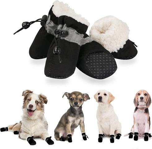 YAODHAOD Dog Boots & Paw Protectors, Fleece Warm Snow Booties with Reflective Strip for Small Medium Dogs, Black
