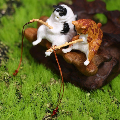 Mini Cute Cat Fishing Figurine, Aquarium Ornaments, Animal Statues for Home Decoration
