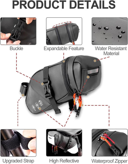 Water-resistant Bike Seat Bag, Expandable Capacity Cycling Under Seat Pouch 1.5-2L, Pack for Mountain Road Bikes