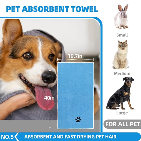 6-in-1 Bath Grooming Kit with Hair Brush, Towel & Scrubber Gloves - Slicker Brush for Shedding Dogs & Cats, Blue