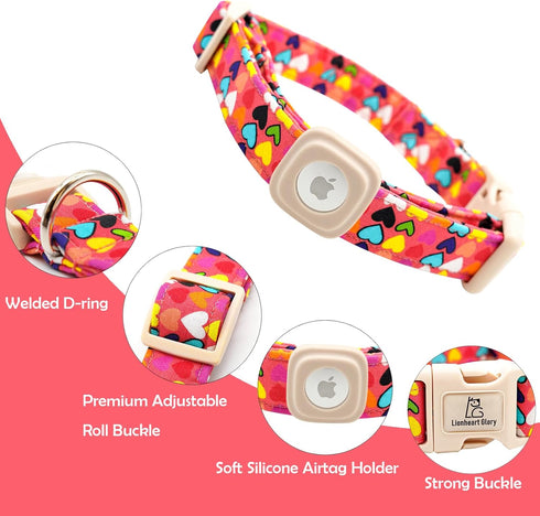 Lionheart glory Airtag Dog Collar for Large Dogs, Hearts Design with Airtag Holder, Adjustable Heavy-Duty Spring Collar
