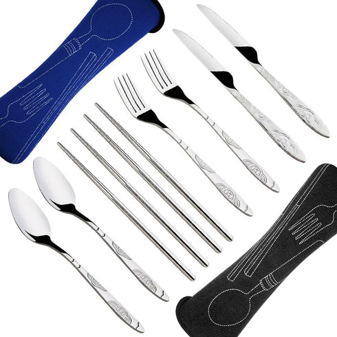 SENHAI 8 Pieces Rustproof Stainless Steel Flatware Set with Knife, Fork, Spoon, Chopsticks, Carrying Case