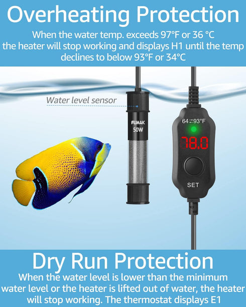 Fumak 50W Adjustable Aquarium Heater, Super Short Submersible Fish Tank Heater with LED Digital Display for 5-10 Gallons