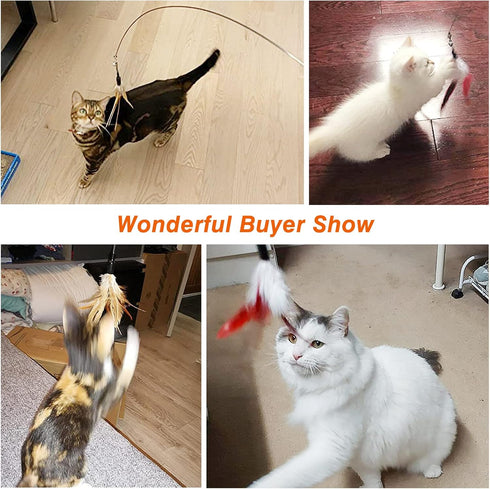 Pawaboo Feather Teaser Cat Toy, Interactive Wand with 34.5" Long Wand and Bell, Wine Red & White Feather