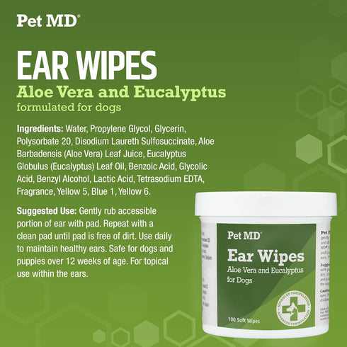 Pet MD Dog Ear Cleaner Wipes - 100 Count - Otic Cleanser with Aloe and Eucalyptus for Dogs