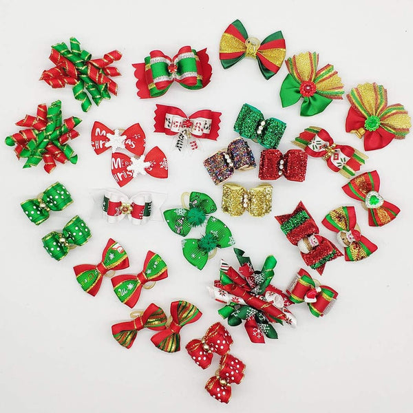 30pcs Dog Puppy Cat Mix Christmas Shiny Rhinestone Hair Bows Rubber Bands Pet Xmas Grooming Accessories
