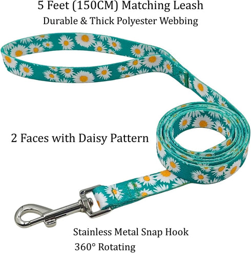 Dog Collar and Leash Set, Cute Daisy Pattern, 5ft Leash for Puppy Dogs, Extra Small, Green