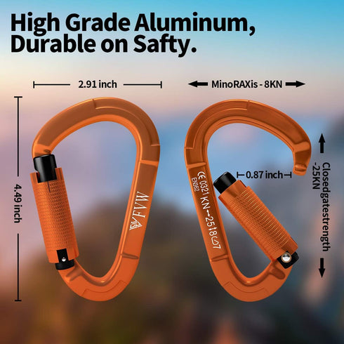 FVW Auto Locking Rock Climbing Carabiner Clips, UIAA Certified 25KN Heavy Duty D-Shaped Caribeaners for Rappelling