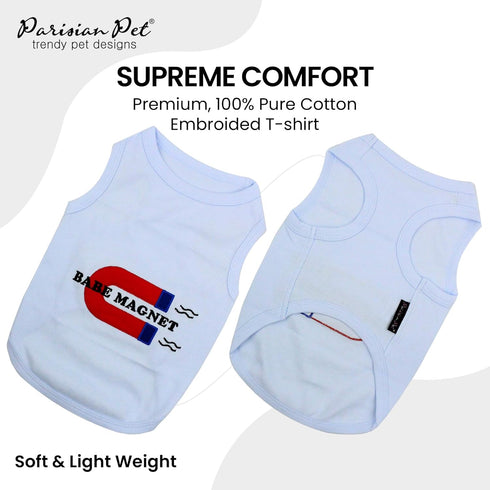 Parisian Pet Dog Tshirt - Blue “Babe Magnet” Embroidered Tank Top, Lightweight Cotton Tee for Small Dogs