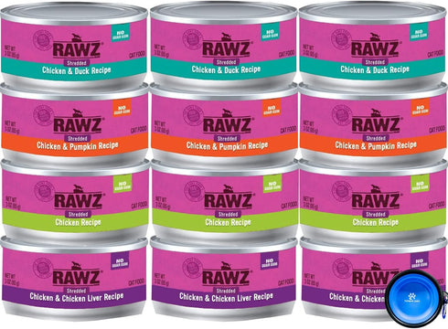 Rawz Natural Premium Canned Cat Wet Food, 12 Pack Chicken Variety Bundle, 3oz Cans, Includes Hotspot Pets Bowl