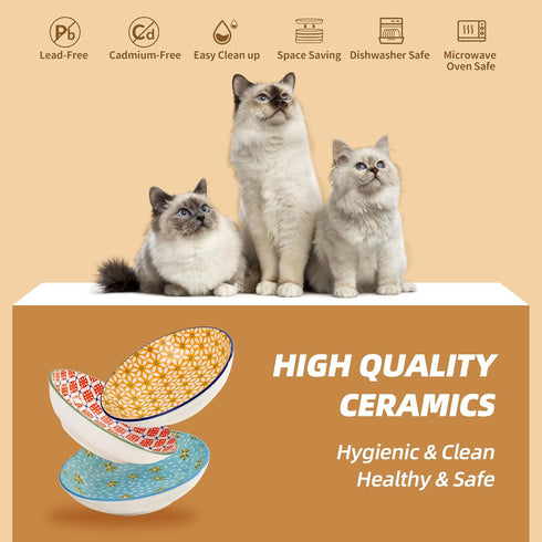 Ceramic Cat Bowls Set of 6, Floral Series Colorful Dishes with Non-Slip Mat, 5.75" Shallow Wide Cat Food Plate
