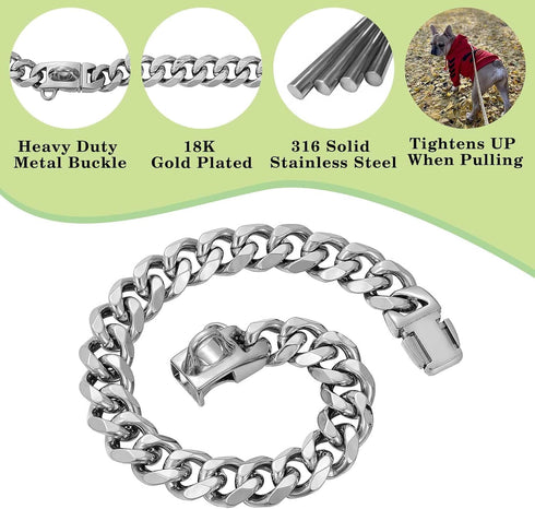 18K Cuban Link Chain Dog Collar, Stainless Steel Silver Gold with Safety Buckle Lock, Heavy Duty for Small, Medium,