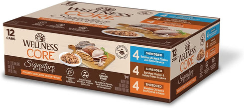 Wellness CORE Signature Selects Natural Canned Grain Free Cat Food Variety Pack, Shredded Poultry Selection, 5.3 Ounce