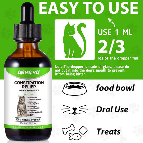Cat Constipation Relief, 100% Natural Cat Laxative with 6 Probiotics, Promotes Digestive Health - 2 fl oz