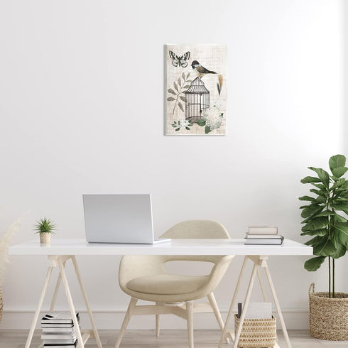 Stupell Industries Botanical Bird Cage Vintage Words Butterfly Motif Wood Wall Art, Design By Nan