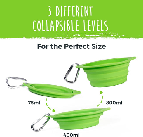 Mighty Paw Travel Dog Bowl Set, Silicone Food & Water Bowls, Bonus Carabiner Clip, Lightweight, Leak-Proof, Green
