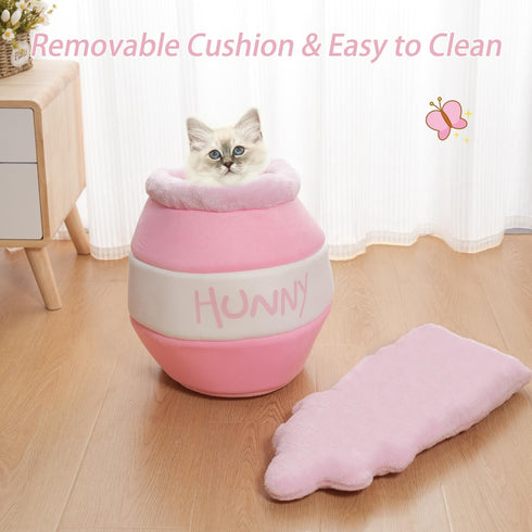 Romaneco Honey Pot Cat Cave Bed, Soft and Thick Rebound Sponge Pet Nest with Removable & Washable Cushion, Cute Cartoon