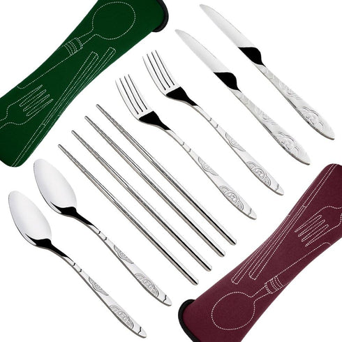 SENHAI 8 Pieces Flatware Set, Knife, Fork, Spoon, Chopsticks, 2 Pack Rustproof Stainless Steel Dinnerware with Carrying