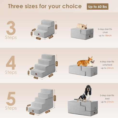 EHEYCIGA Dog Stairs for Bed, 18”H, 4-Step Non-Slip Indoor Ramp for Small Dogs and Cats, Light Grey