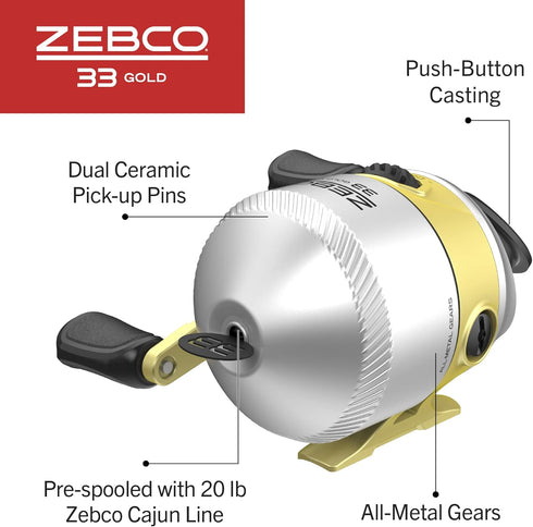 Zebco 33 Gold Spincast Fishing Reel, 3 Ball Bearings with Smooth Dial-Adjustable Drag