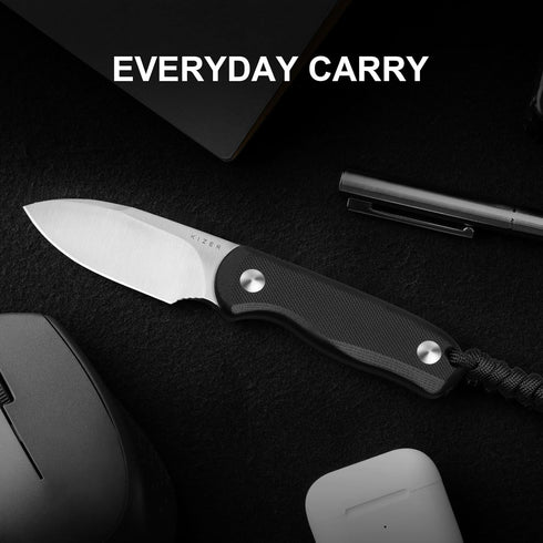 2.57" D2 G10 1094M2 Kizer Drop Bear Fixed Blade Knife, Satin Blade EDC Camping Knife with Black Handle and Hidden