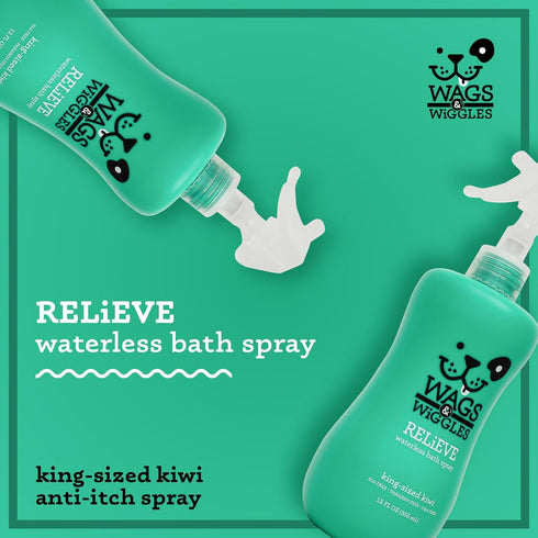 Wags & Wiggles 12 Oz Relieve Dog Anti-Itch Spray, Kiwi Scent - Waterless Dry Shampoo for Dogs With Dry, Itchy