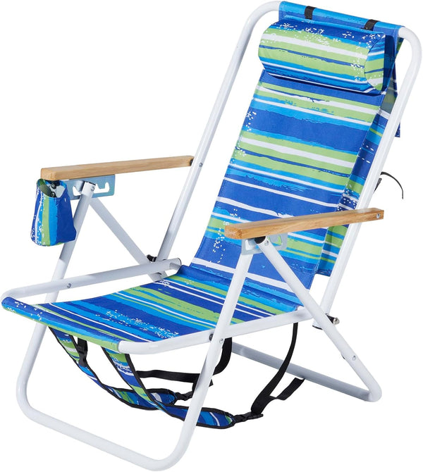 HEPMIMZHU Folding Beach Chair, Foldable Camping Chair with Headrest Cup Holder and Wooden
