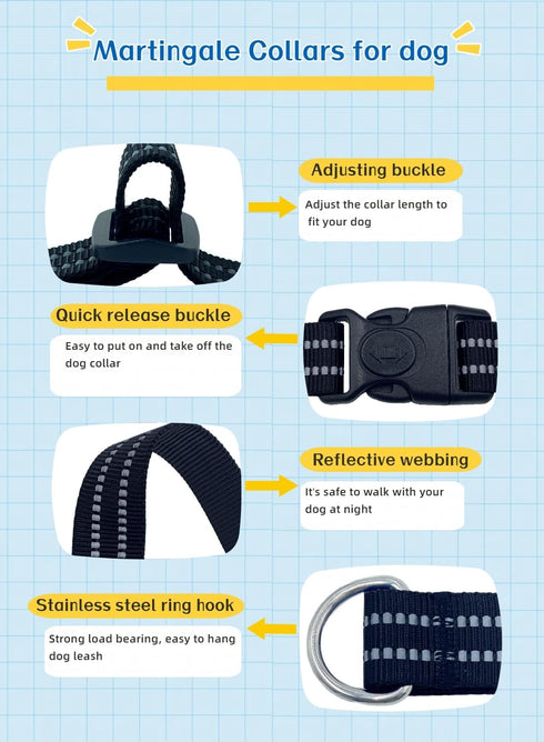 Martingale Dog Collars - Heavy Duty Nylon Reflective Collar with Quick Release Buckle for Dogs (Black, Extra Small)