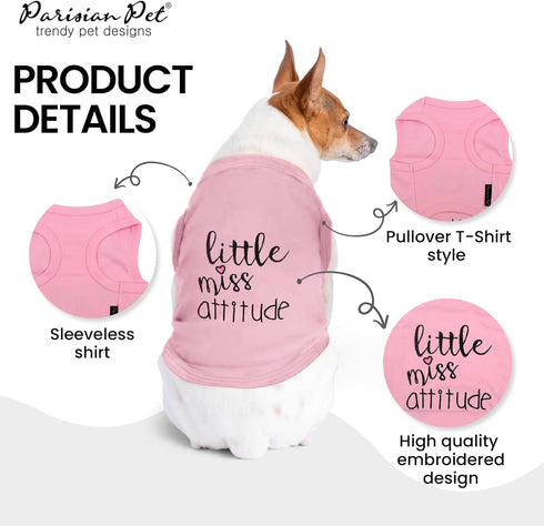 Parisian Pet Dog Tshirt, Embroidered “Little Miss Attitude“ Tank Top, 100% Cotton Sleeveless Pink Tee for Large Dogs