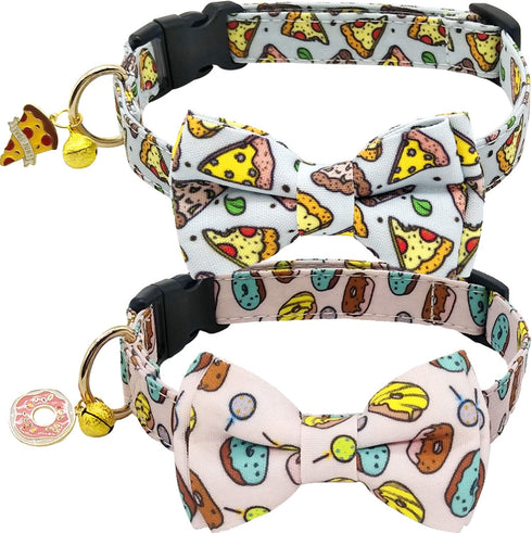 KUDES 2 Pack Print Dog Collars with Bow Tie, Adjustable Collars with Bells and Charm Safety Buckle for Dogs and Cats