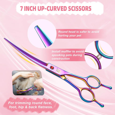 6 1 Dog Grooming Scissors,Rainbow Curved Chunkers Shears with Safety Round Tips,Sharp and Durable in Dog Scissors