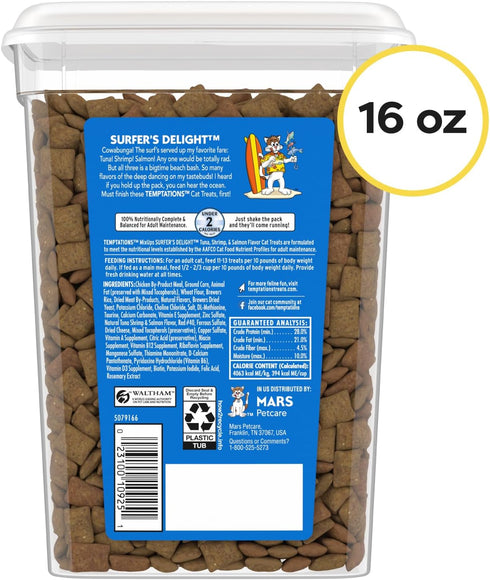 16 oz. Temptations Cat Treats MixUps Surfer's Delight, Tuna, Shrimp, Salmon Flavor, Crunchy and Soft Cat Treats, Tub