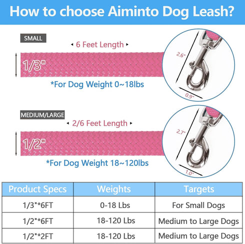 Braided Rope Dog Leash, Traction Walking Training Lead for Medium/Large Dogs (1/2", 2FT, Pink)