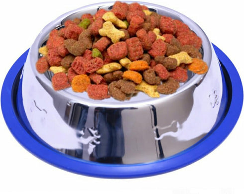 Set of 2 Etched Stainless Steel Dog Bowls, Easy to Clean with Non-Skid No-Tip Silicone Ring, Feeding Bowls for Dogs (2 Pak / 32oz Each Bowl)