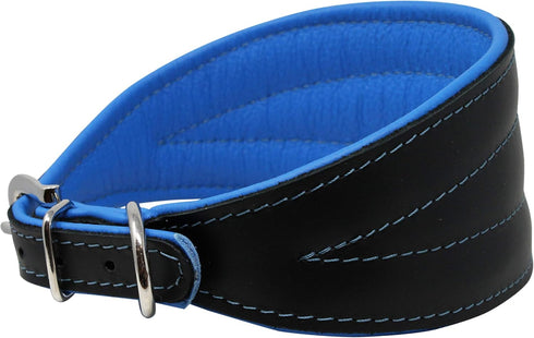 Real Leather Extra Wide Padded Tapered Dog Collar - Glossy Black for Greyhound, Saluki, Lurcher