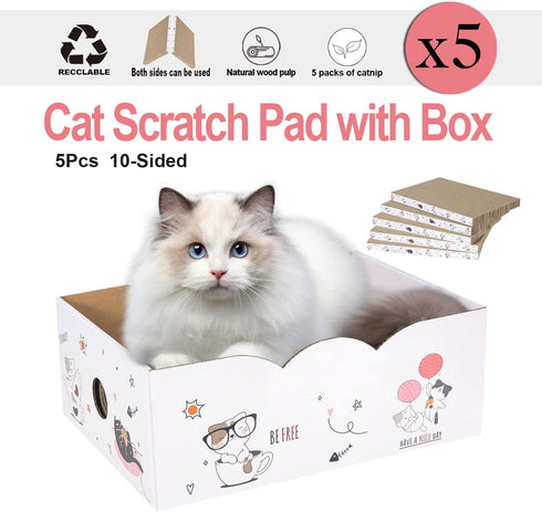 5 Packs in 1 Cat Scratch Pad with Box, Reversible Durable Cardboard Scratcher for Cats to Rest and Grind Claws