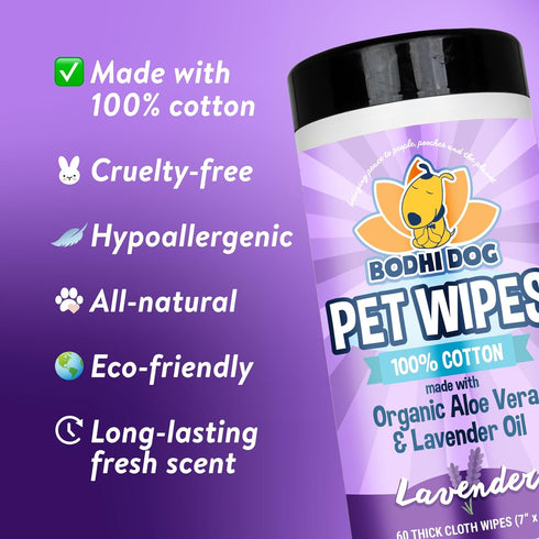 Bodhi Dog Pet Wipes, Lavender, 60CT - Thick & Large Wipes for Dog Grooming, No Parabens or SLS, Deodorizes Coat