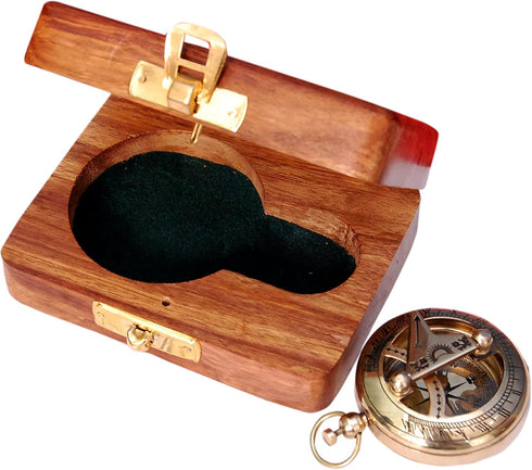 Brass Nautical Compass with Wooden Case - Antique Brass & Copper Sundial Compass for Camping, Hiking, Touring
