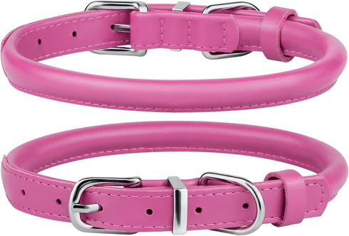 BRONZEDOG Rolled Leather Dog Collar with QR ID Tag, Hot Pink, for Small Medium Large Dogs (S: 12-14 Inch)