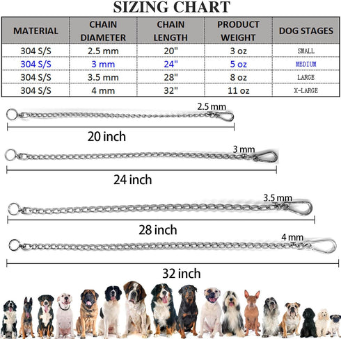 304 Stainless Steel Dog Chain Leash, Heavy Duty Short Lead, DIY Double Dog Leashes (304 S/S 24in x 3mm)