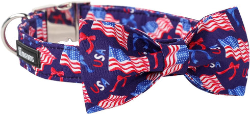 Maca Bates American Flag 4th of July Dog Collar - Bowtie Adjustable Breakaway Patriotic Accessories for Small Medium