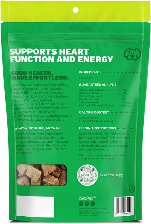 100% 4oz Get Joy Freeze Dried Beef Heart Dog Treats, | Single Ingredient Organ Meat, High Protein Raw Dog Food Topper