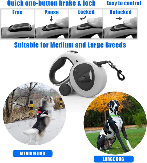 HCY&WLD Upgrade 4-in-1 Retractable Dog Leash - LED Light, Dispenser, Poop Bags, 16 ft Heavy Duty with Anti-Slip Handle