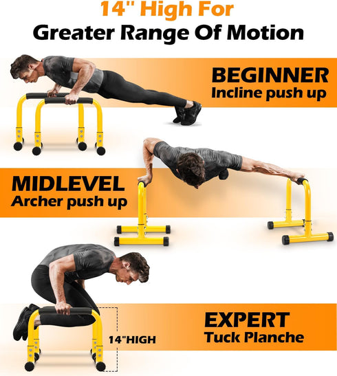 TABEKE Push Up Bar, 14'' High Steel Parallettes & Dip Bar with Foam Handle for Home Gym Strength Training