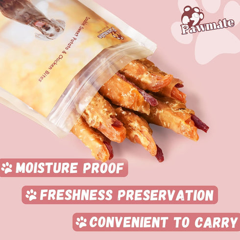 12-15 Counts Pawmate Dog Treats Double Sweet Potato & Chicken Wraps, Healthy Chicken Jerky Dog Chews High Protein Low