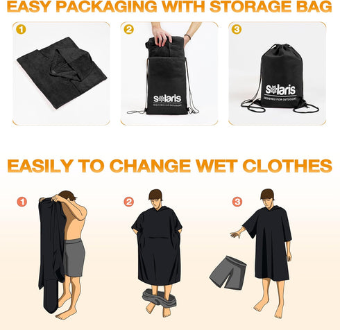 Solaris Surf Poncho Changing Towel Robe for Women Men, Lightweight Water Absorbent Changing Robe with Packable Bags