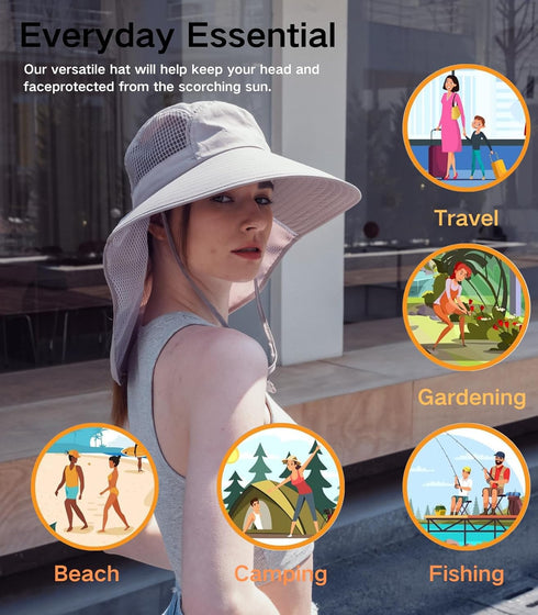 UV Sun Protection Hat for Women, Foldable Neck Flap Wide Brim Fishing Hat with Ponytail Hole