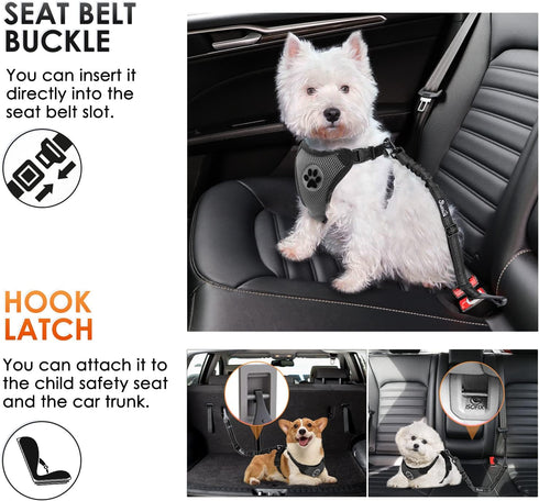 SlowTon Adjustable Dog Seat Belt, 2 in 1 Latch Bar Attachment Dog Car Seatbelt with Elastic Nylon Bungee Buffer (Black)
